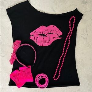 1980’s Costume Off the Shoulder Top with Lip Print and Accessories
